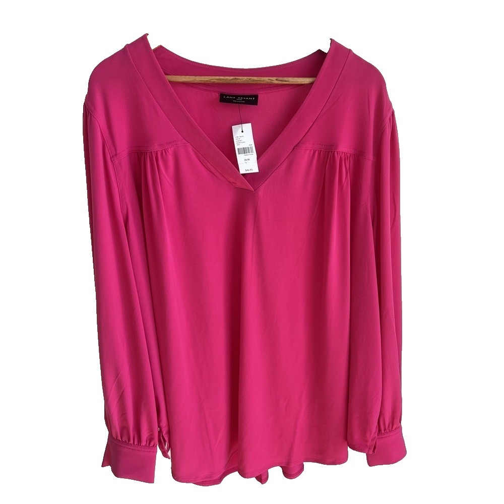 NWT Lane Bryant Barbie Pink V-Neck Long Sleeve Blouse Top Plus sz 26/28 Stretch